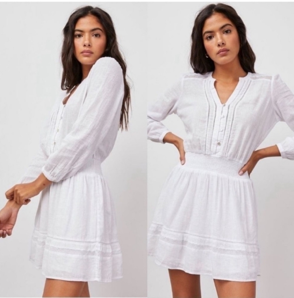 Rails Jasmine Smocked Waist Long Sleeve Linen Blend White Dress Size Large